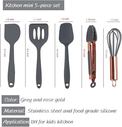 Rose Gold And Grey Mini Kitchen Utensil Small Five-Piece Set Tiny Silicone Kids Kitchen Tools Whisk Spatula Tongs Spoon And Slotted Spatula For Cooking(Kids Baking Supplies) Grey