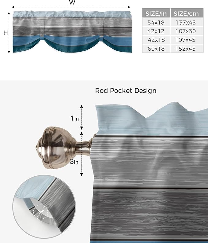 Farmhouse Blackout Tie Up Valance Curtains for Kitchen Windows,Blue Gray Ocean Hues Window Toppers Balloon Shades for Living Room/Bathroom/Bedroom,1 Panel,60" X 18" Retro Rustic Barn Wood Texture