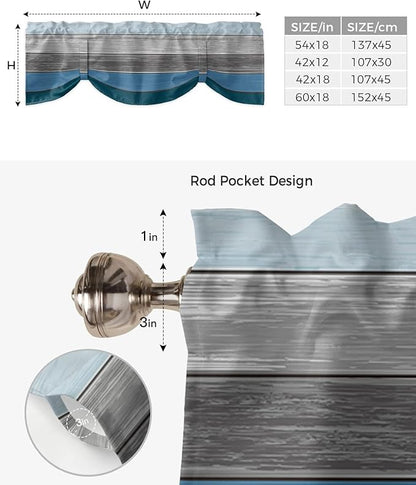 Farmhouse Blackout Tie Up Valance Curtains for Kitchen Windows,Blue Gray Ocean Hues Window Toppers Balloon Shades for Living Room/Bathroom/Bedroom,1 Panel,54" X 18" Retro Rustic Barn Wood Texture