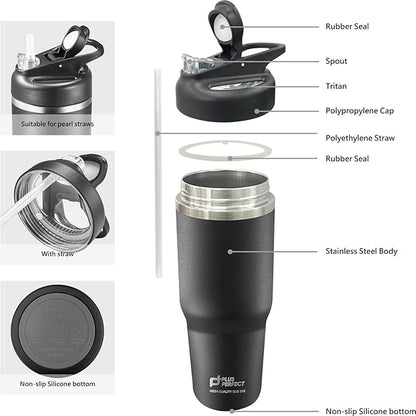 34 OZ 316 Stainless Steel Vacuum Insulated Travel Mug With Leak Proof Flip For Both Straw & Spout, Double Walled Seamless to Keep Hot And Cold, Black
