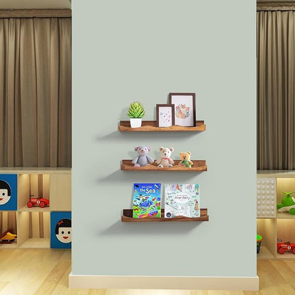AZSKY Floating Bookshelf for Kids, Picture Ledge Shelf for Wall Decor and Storage 16 Inches Nursery Book Shelves Set 3, Baby Book Shelf for Kids Room Decor(Walnut)