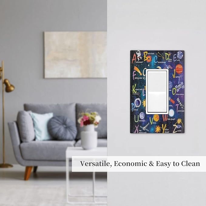 ABC Outer Space 1 Gang Rocker Light Switch Plate Alphabet Galaxy Educational Single Decora Outlet Wall Plate Cover Faceplate Decorative Switchplate GFCI for Kidroom Nursery Living Room Boyroom Decor