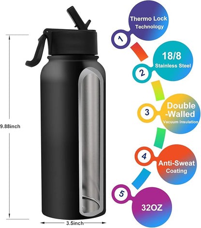32 Oz Water Bottle, Sports Water Bottle with Straw Lid, Vacuum-Insulated Stainless-Steel, Double-walled Thermos Water Bottle (Black, 32 OZ)