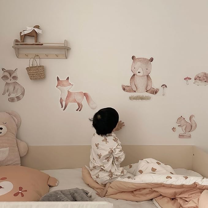 Removable Animals Wall Decals, Fox, Bear, Rabbit, Racoon, Animals Wall Baby Room Stickers, Animal Stickers for Nursery Kids, Bedroom, Playroom, Bathroom Decor