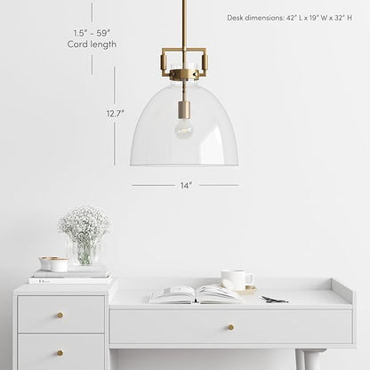 Nathan James Leigh Pendant Lighting, Hanging Ceiling Light with Oversized Glass Shade and Adjustable Cord, for Kitchen Island or Entryway, Vintage Brass/Clear