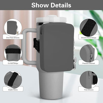 Water Bottle Pouch for Stanley Tumbler,Silicone Waterproof Fanny Pack for Stanley Cup 30/40oz Universal,Large Capacity Durable Tumbler Pouch-Gray