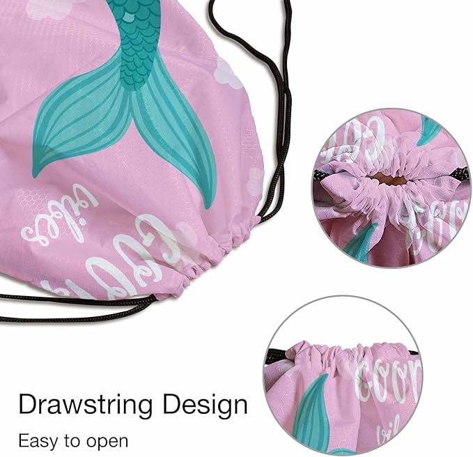 Drawstring Backpack Bag Good Vibes Lettering Green Mermaid Tail Blue Sea Two Seagulls Lightweight Backpack Soccer Ball Bag Sutiable for Sports Beach Short Travel Stroage 14x16.9 Inch