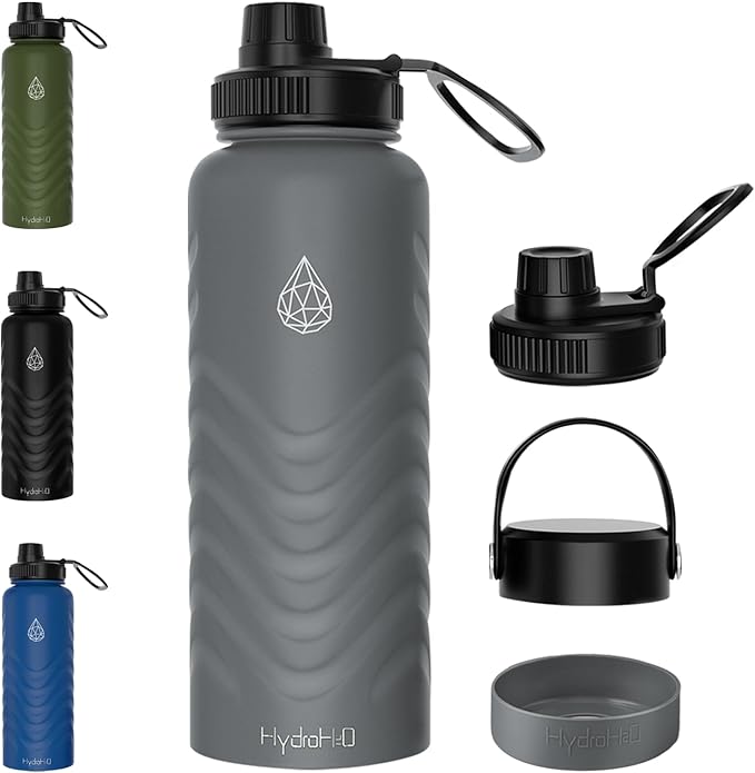 24 oz Insulated Water Bottle - Gray Water Bottle with Straw (Straw Lid & Spout Lid) & Silicone Handle & Boot - Wide Mouth Stainless Steel Water Bottles - BPA Free - (Gray, 750ml)