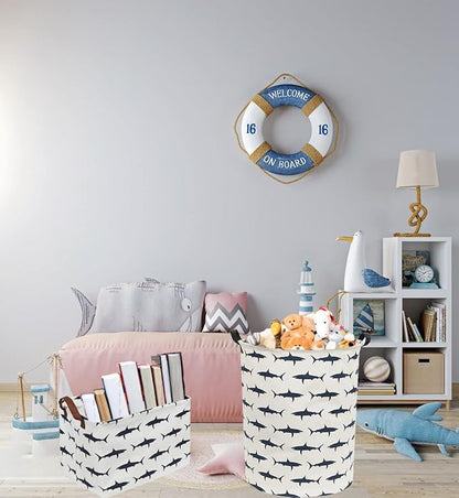 Kids Laundry Hamper,Canvas Shark Hamper Collapsible Boys Storage Baskets for Shark Room Decor,Nursery Hamper,Toy Organizer,(Shark)