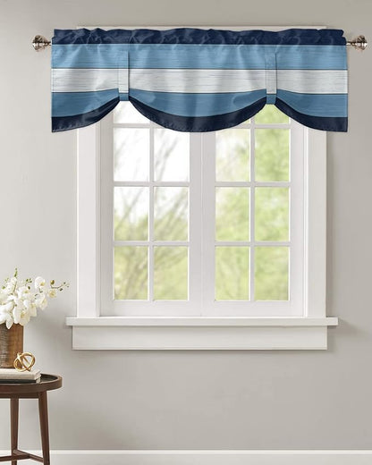 Farmhouse Blackout Tie Up Valance Curtains for Kitchen Windows,Navy Sky Blue White Window Toppers Balloon Shades for Living Room/Bathroom/Bedroom,1 Panel,60" X 18" Retro Rustic Barn Wood Texture
