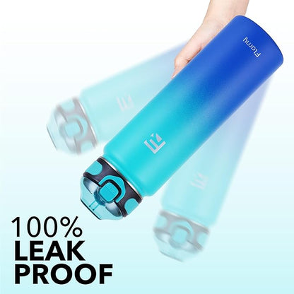 32 oz Insulated Water Bottle with Straw, Stainless Steel Metal Thermos Bottles, Durable Non-Slip Gradient Bottle with Strap for Sports and Travel, Leak Proof (Green Blue)