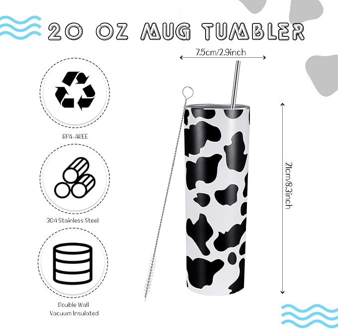 Uiifan 6 Pcs Mothers Day Gifts Cow Themed Gifts Sets for Women 20 oz Cow Stainless Steel Tumbler with Lids and Straws Cow Throw Blanket Socks Birthday Gifts for Woman Cow Lovers (Black Cow)