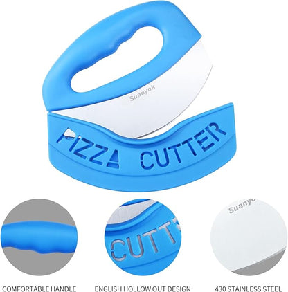 Premium Pizza Cutter Food Chopper-Super Sharp Blade Stainless Steel Pizza Cutter Rocker Slicer with Protective Sheath Multi Function Pizza Knife Kitchen Tools,Dishwasher Safe (Blue)