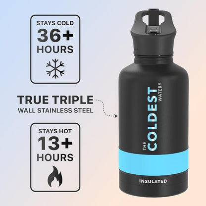 Coldest Sports Water Bottle with Straw Lid Vacuum Insulated Stainless Steel Metal Thermos Bottles Reusable Leak Proof Flask for Sports Gym (Matte Black, 64 oz)
