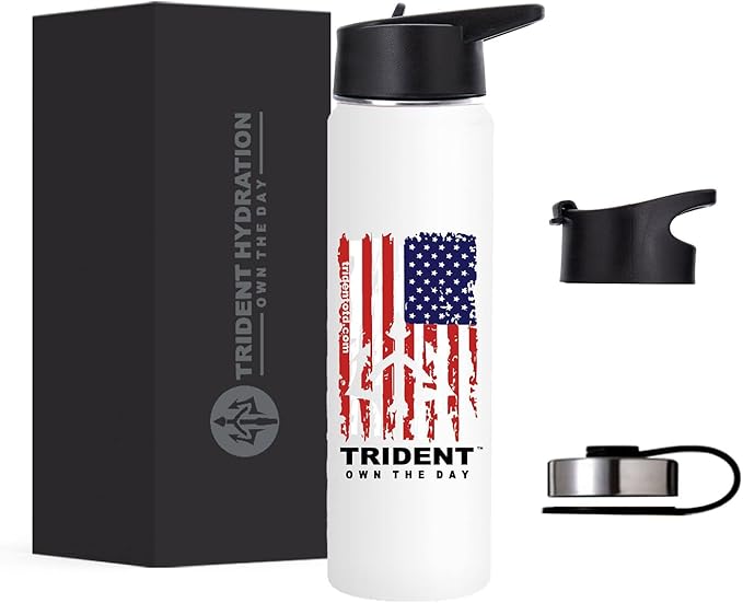 American Flag Water Bottle, 21 oz Insulated Water Bottle, Reusable Water Bottle with Straw, Leak Proof Water Bottles, Thermos Water Bottle - Retired Navy Combat Vet Small Business (White, 21 Oz)