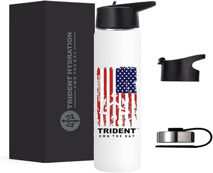 American Flag Water Bottle, 21 oz Insulated Water Bottle, Reusable Water Bottle with Straw, Leak Proof Water Bottles, Thermos Water Bottle - Retired Navy Combat Vet Small Business (White, 21 Oz)