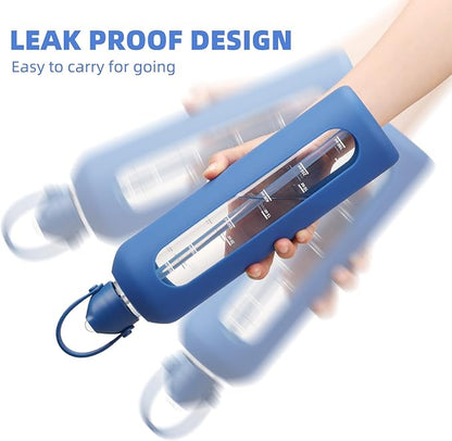 32 oz Glass Water Bottles with Straw Borosilicate Glass Water Bottle with Time Marker Motivational Water Bottles with Silicone Sleeve Leak Proof Reusable BPA Free