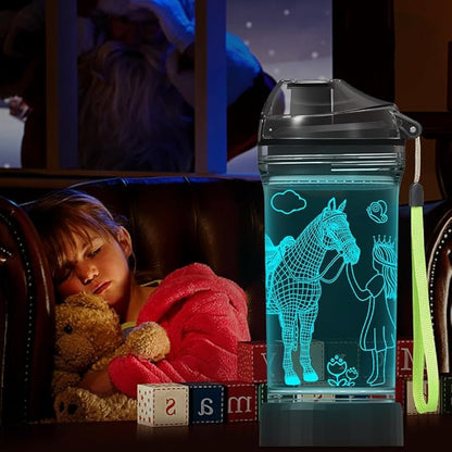 Horse Gifts for Girls, Girl Horse Water Bottle with 3D Glowing Led Light Travel Cups -Tritan BPA Free, Horse Gifts for Birthday, Christmas, Back to School for Child Kids Teens Granddaughter