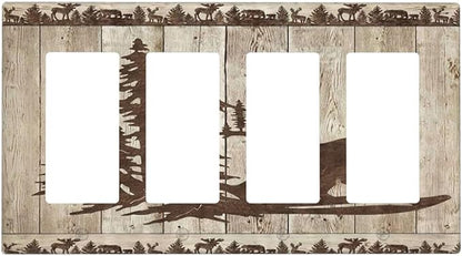 Rustic Wood Bear Forest 4 Gang Rocker Decora Light Switch Cover Vintage Antique Cabin Decorative Outlet Covers Wall Plate Electrical Faceplate Switchplate GFCI for Farmhouse Bathroom Bedroom Decor