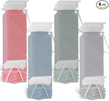 20 oz Water Bottles Collapsible (Set of 4) | BPA Free Leakproof Lightweight Foldable Silicon Water Bottles | Twistable Water Cup | for Travel Gym Hiking Camping Running Cycling Sports
