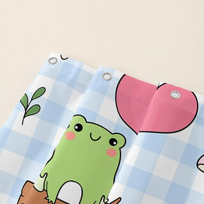AILONEN Kawaii Frog Shower Curtain,Cute Cartoon Mushroom Frog Bath Curtain,Romantic Frog Couple Hearts Printed Waterproof Blue Stripe Curtain, 72" W x 84" H