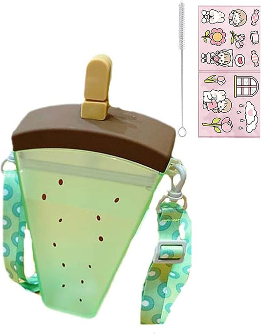 Ice Cream Kiwi Travel Cup with Straw Birthday Party Gift Picnic Ice Water Bottle Travel Mug with Strap (Ice Cream Kiwi, 320 ml)