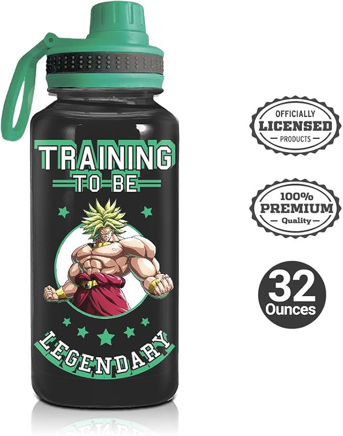 JUST FUNKY Dragon Ball Super Saiyan Goku Water Bottle w/Sporty Green Cap [BLACK 32oz] Hydro Tumbler Flask, Anime Plastic Water Bottle (OFFICIALLY LICENSED)