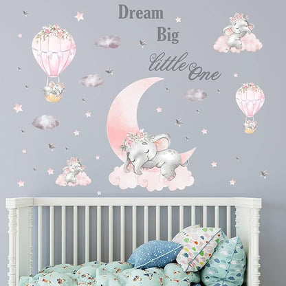 Dream Big Little One Elephant Wall Stickers - Pink & Gray Design, 110cm x 43.3in