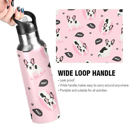 ALAZA Cute French Bulldog Puppy Dog Water Bottle With Straw Lids Boys Girls,Vacuum Insulated Leakproof Stainless-Steel Sports Bottle Thermal Flask For Gym Yoga Camping,20Oz (600Ml)