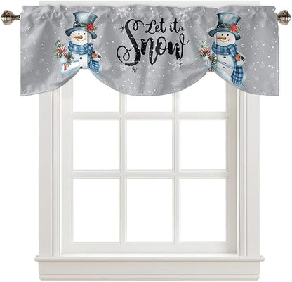 Snowman Christmas Blackout Tie Up Valance Curtains for Kitchen Windows Let It Snow Winter Holiday Window Toppers Balloon Shades for Living Room/Bathroom/Bedroom,1 Panel, 42" X 18", Grey White