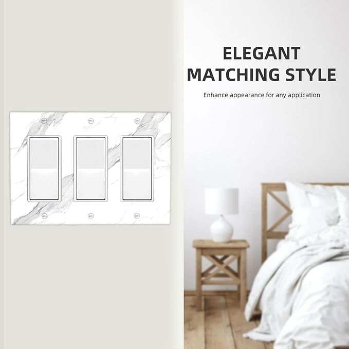 Marble Grey Wall Plate Decorative Light Switch Cover 3-Gang Triple Rocker Faceplate for Bathroom Farmhouse Bedroom Kitchen White