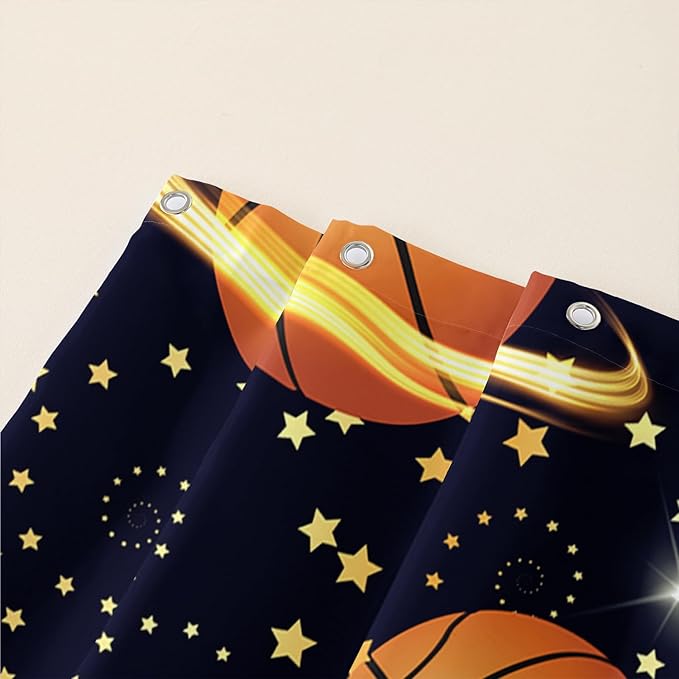 AILONEN Sports Basketball Shower Curtain for Bathroom, Space Planet Ball Print Bath Curtain,Yellow Star Basketball Kids Boys Bathroom Decor Waterproof 48" W*72" H Inch with 12 Plastic Hooks