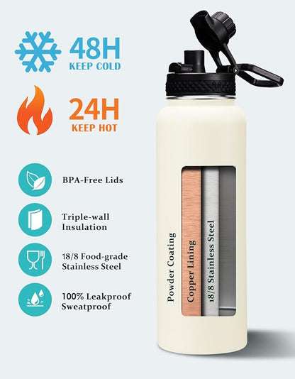 40oz Insulated Water Bottle with Straw - Pop-up Chug Lid (Cold-48H Hot-24H) Stainless Steel Water Bottles Sweat Proof, Metal Hydro Thermo Jug w/Strap Carrier Bag, Paracord Handle, Cream White