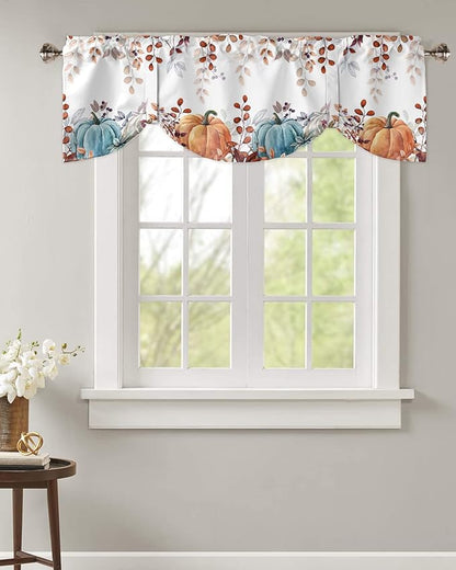 Fall Thanksgiving Blackout Tie Up Valance Curtains for Kitchen Windows Watercolor Autumn Pumpkins Eucalyptus Leaves Window Toppers Balloon Shades for Living Room/Bathroom/Bedroom,60" X 18",Blue Orange