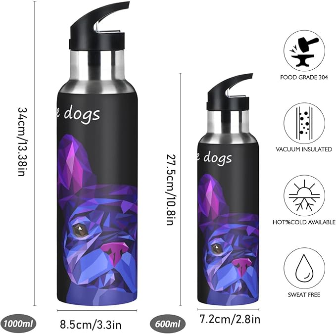 ALAZA Dog Cute Pet Animal Bulldog Water Bottle With Straw Lids Boys Girls,Vacuum Insulated Leakproof Stainless-Steel Sports Bottle Thermal Flask For Gym Yoga Camping,20Oz (600Ml)