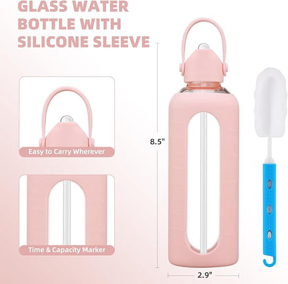 20 oz Glass Water Bottles with Straw Borosilicate Glass Water Bottle with Time Marker Motivational Water Bottles with Silicone Sleeve Leak Proof Reusable BPA Free