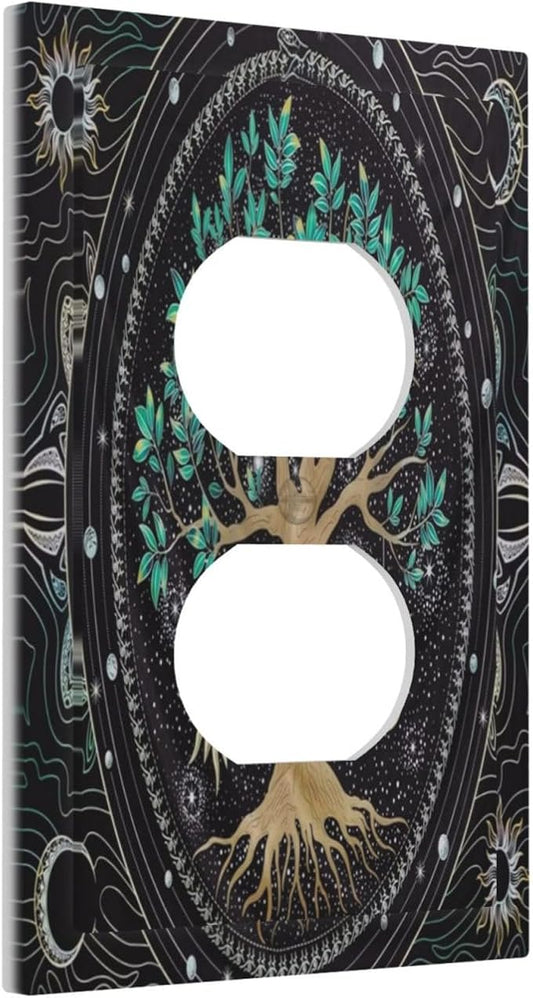 Tree of Life 1 Gang Outlet Plate Covers Decorative Single Duplex Wall Plate Hippie Sun Moon Star Electrical Receptacle Light Switch Cover Art Faceplate Switchplate for Bathroom Living Room Decor
