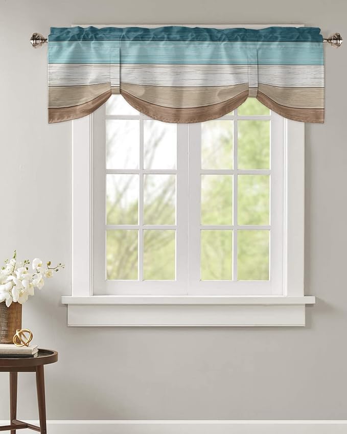 Farmhouse Blackout Tie Up Valance Curtains for Kitchen Windows,Teal Blue Brown Beach Window Toppers Balloon Shades for Living Room/Bathroom/Bedroom,1 Panel,54" X 18" Retro Rustic Barn Wood Texture