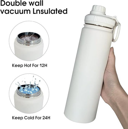 22oz Insulated Water Bottle ，Stainless Steel Sports Water Cup Flask with 2 Lids, Wide Mouth Travel Thermal Mug,Outdoor Sports Bottle（white）