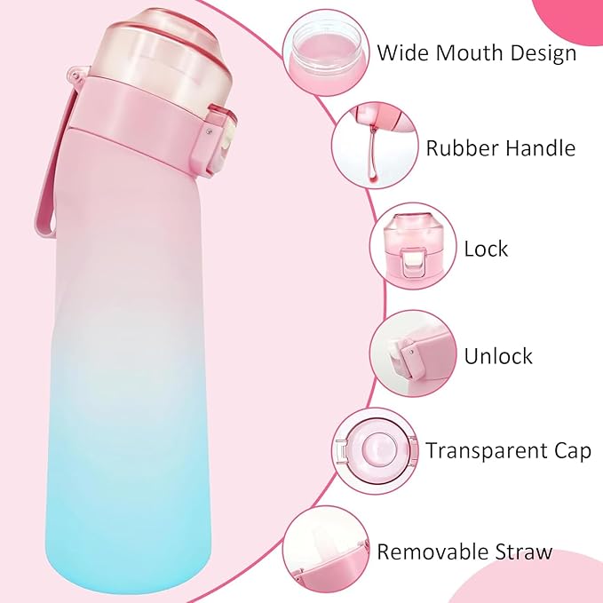Air Water Bottle,650ML Scent Water Bottle with Air Water Flavour Pod,Leak Proof Sports Water Cup with Straw,Fruit Fragrance Water Bottle Suitable for Outdoor Sports