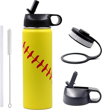 22 oz Softball Water Bottle, Sports Flask Metal Travel Tumbler with 2 Lids 18/8 Stainless Steel Double Wall Vacuum Insulated Hot/Cold (22oz, Yellow Softball)
