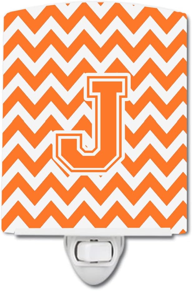 Caroline's Treasures CJ1046-JCNL Letter J Chevron Orange and White Ceramic Night Light Compact, UL-Certified, Ideal for Bedroom, Bathroom, Nursery, Hallway, Kitchen, 6x4x3, Multicolor