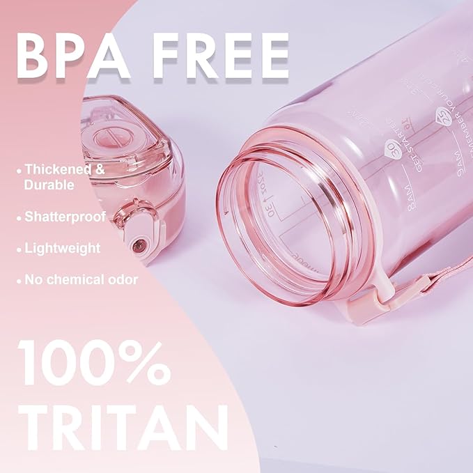 32 oz Water Bottle with Detachable Straw, Clear Motivational Water Bottles with Time to Drink, Tritan & BPA Free Sports Water Jug with Time Marker, Upgraded handle design, Rose Pink