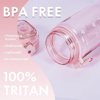 32 oz Water Bottle with Detachable Straw, Clear Motivational Water Bottles with Time to Drink, Tritan & BPA Free Sports Water Jug with Time Marker, Upgraded handle design, Rose Pink