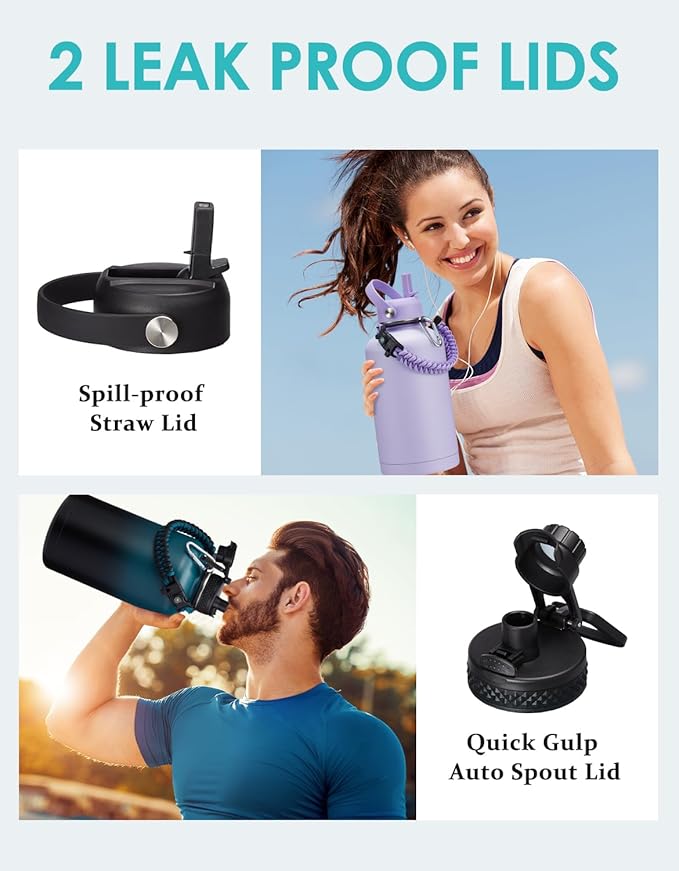 64 oz Insulated Water Bottle - Stainless Steel (Cold 48H), Leak Proof & BPA-Free Half Gallon Water Jug with Paracord Handle, Straw Spout Lids, Carrier Case, Metal Flask for Women Gym School, Pink