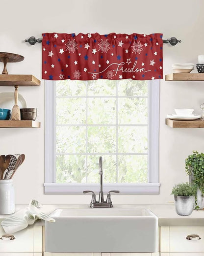 Patriotic 4th of July Kitchen Curtains Valances for Windows Red White Blue Stars Freedom Rod Pocket Window Treatment for Kitchen /Living Room/Bedroom/ Bathroom, 42" X 18", Memorial Day Summer