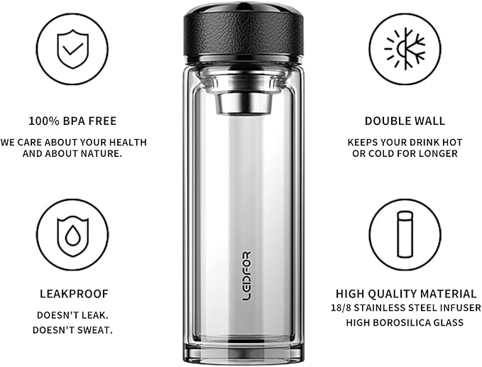 Tea Tumbler with Infuser - BPA Free Double Wall Glass Travel Tea Mug With Stainless Steel Filter - Leakproof Tea Bottle with Strainer for Loose Leaf Tea and Fruit Water 17 oz (Clear)
