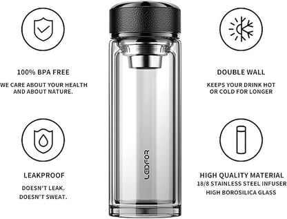 Tea Tumbler with Infuser - BPA Free Double Wall Glass Travel Tea Mug With Stainless Steel Filter - Leakproof Tea Bottle with Strainer for Loose Leaf Tea and Fruit Water 17 oz (Clear)