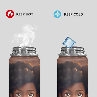 African Stainless Steel Water Bottle with Handle Vacuum Insulated Water Bottles 20 oz Metal Flask Afro American Travel Cup Coffee Mug Wide Mouth Bottle Leak Proof Reusable