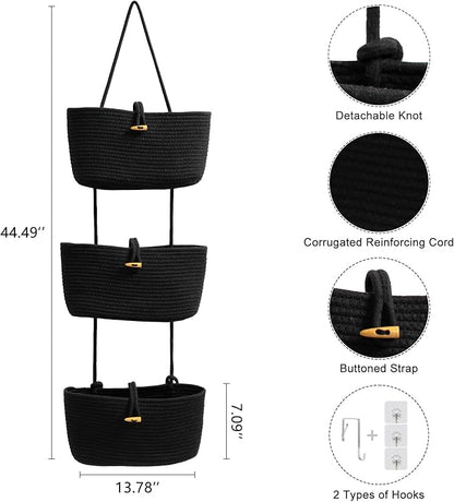 TeoKJ Over the Door Hanging Baskets with Button Strap, 3-Tier Woven Cotton Storage Organizer Bag, Wall-Mounted with Hook Decorative Hanging Nursery Baskets - Black